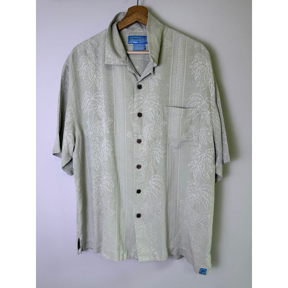 Bermuda Bay 100% Silk Hawaiian Camp Shirt XL Green Palm Tree Tropical Aloha
